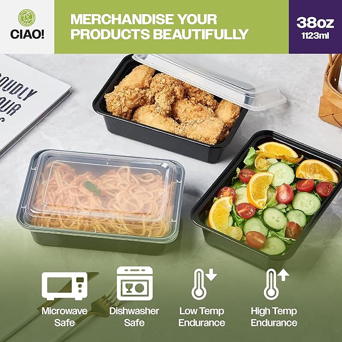 CIAO! Heavy Weight 38oz Injection Molded Microwavable Black Rectangular Food Container with Lid (150/case)