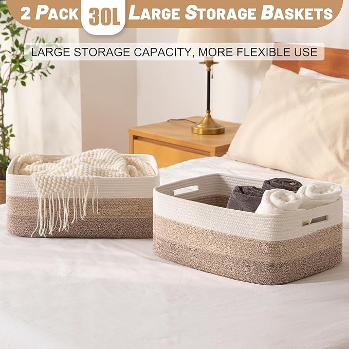 OIASKET Large Storage Basket for Organizing, Woven Rope Basket for Shelves, Closet Organizer Bins for Clothes, Blanket, Toys, Baby Nursery Storage, 17.7" x 13" x 7.87", 4 Packs Gradient Yellow