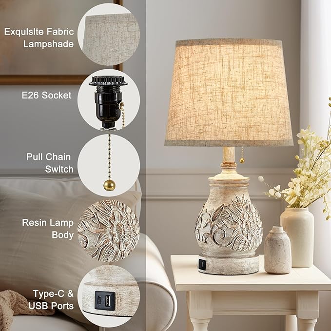 19.5'' Farmhouse Table Lamps for Bedrooms Set of 2 Vintage Bedside Lamps for Nightstand with USB Charging Ports Traditional Rusic Side Table Lamps for Living Room Wooden Carved Floral, Pull Chain
