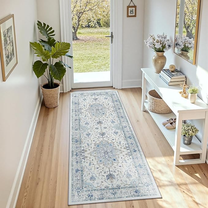 RELEANY Area Rugs 3'x8' Runner Rug Non Slip Washable for Kitchen Hallway Bedroom Beside Laundry Room Bathroom Rug, Floor Carpet, Light Blue Navy Beige Gray White
