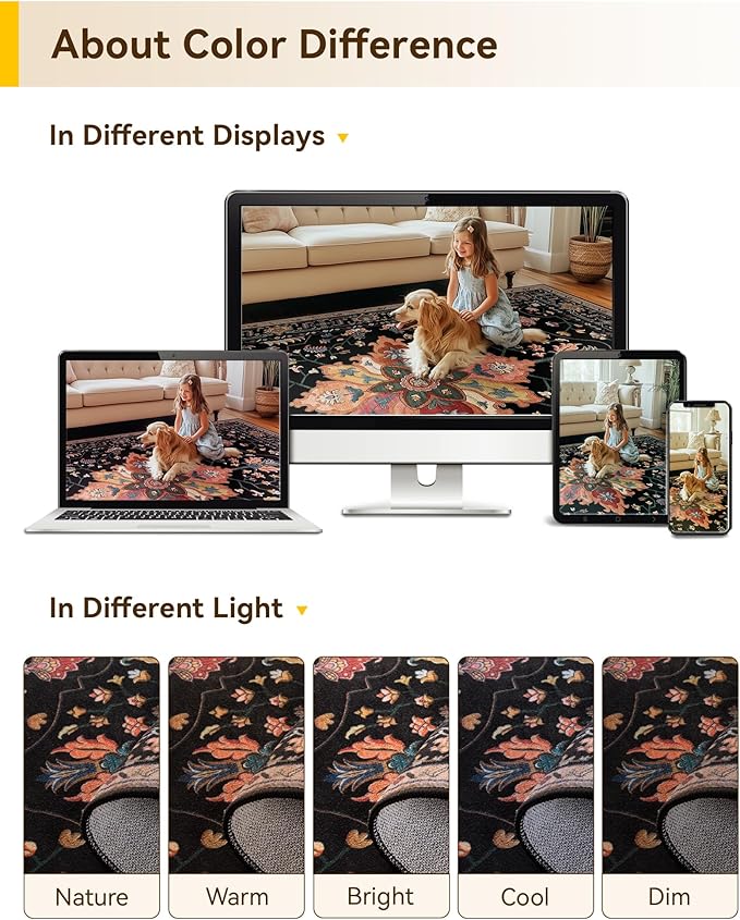 RELEANY Area Rugs 9'x12' Washable Non-Slip, Floral Vintage Distress Print Pattern Medallion Carpet for Living Room Bedroom Dining Room, Black Colorful Floral Dark Tan