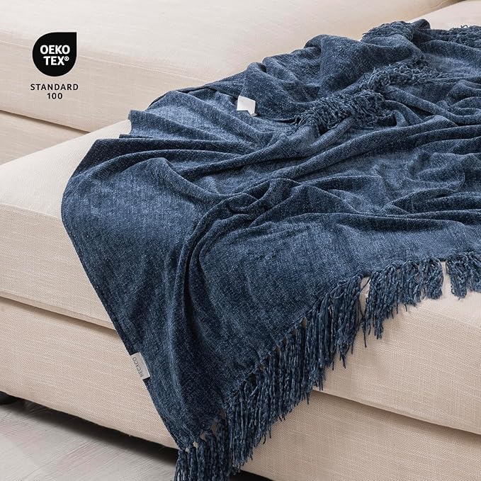 RECYCO Throw Blanket Soft Cozy Chenille Throw Blanket with Fringe Tassel for Couch Sofa Chair Bed Living Room Gift (Blue, 60" x 80")
