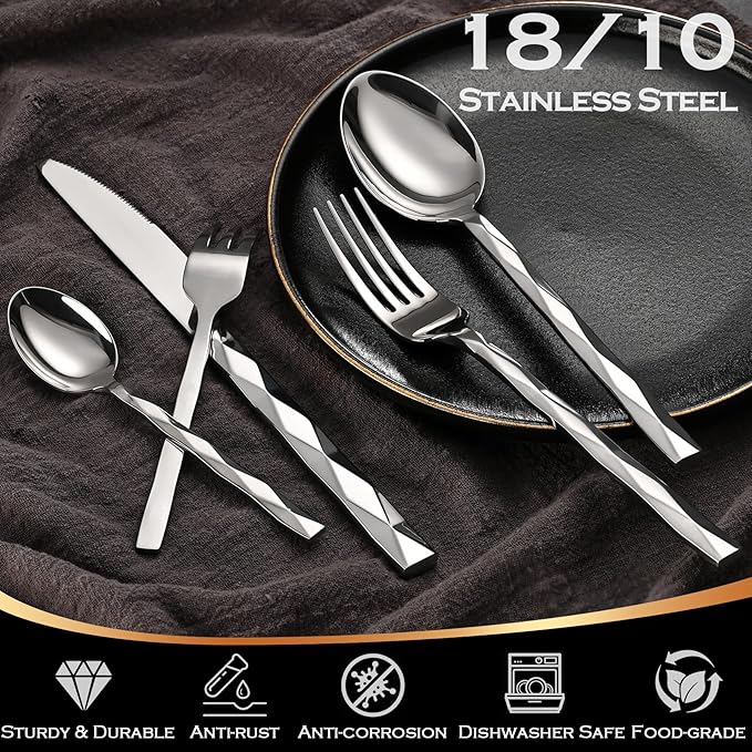 Silverware Set, Luxury 30-Piece Flatware Set for 6, Cutlery Set Stainless Steel, Diamond Cut Pattern, Home, Wedding & Party, 18/10 Stainless Steel Tablewaret & Dishwasher Safe Utensils.