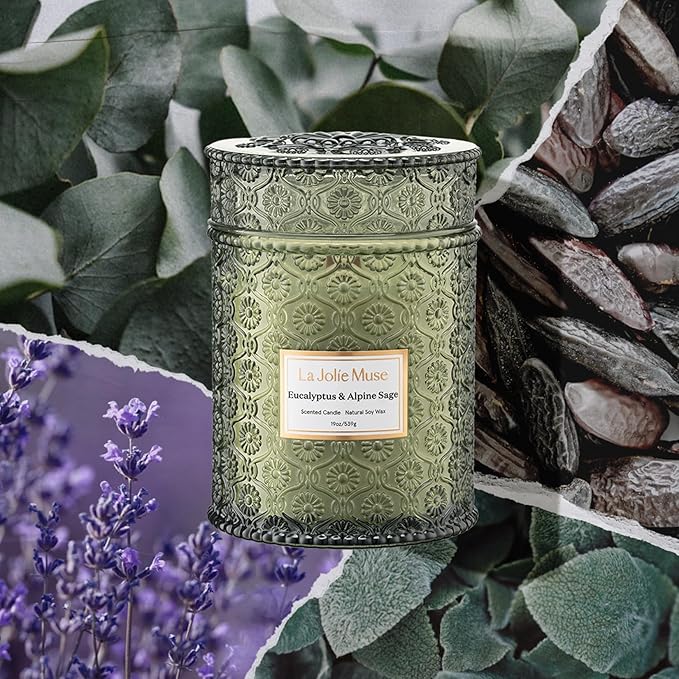 LA JOLIE MUSE Eucalyptus & Alpine Sage | Eucalyptus, Lavender & Sage Candle for Home Cleansing | 19 oz Wooden Wick | Natural Soy Wax | 90 Hours Burn | Candle for Relaxation