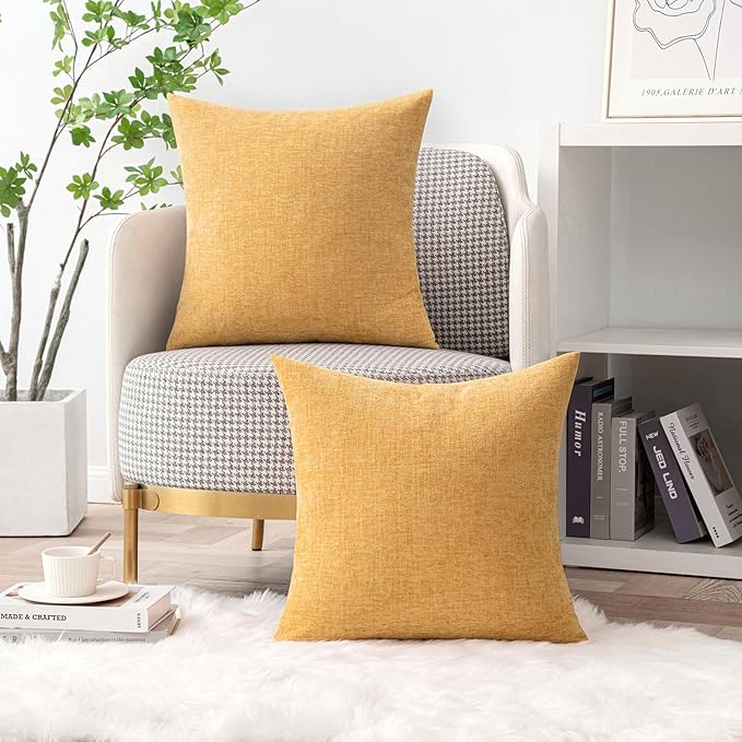 MIULEE Pack of 2 Couch Throw Pillow Covers 18x18 Inch Soft Beige Yellow Chenille Pillow Covers for Sofa Living Room Spring Home Decor Couch Solid Dyed Cases