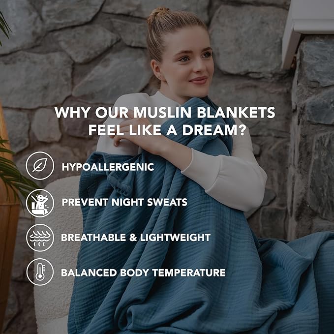 Goqan Muslin Blanket Twin 55x79 – 100% Turkish Cotton 4 Layer Boho Muslin Blanket for Adults, Four Season, Lightweight and Thin, Soft, Breathable, for Bed, Couch - Teal