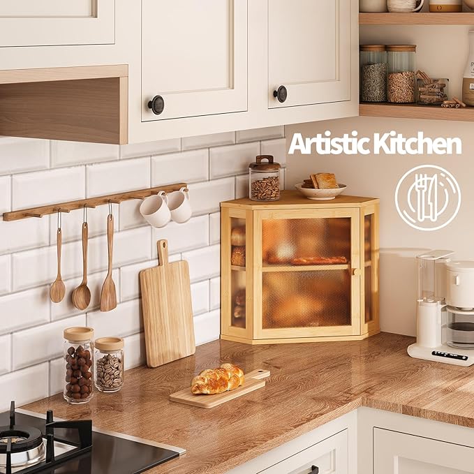 Corner Bread Box for Kitchen Countertop,Bread Storage for Homemade Bread, Double Layer Large Bamboo Kitchen Storage Bin with Window (Natural, Medium)