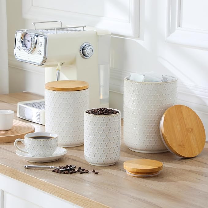 MALACASA LYDIA Ceramic Canisters Set with Airtight Lids, 80/40/20 oz Coffee Canisters Sets for the Kitchen, Large Jars for Flour, Sugar, Pasta, Coffee, Cookies, Tea - Set of 3, Hexagon