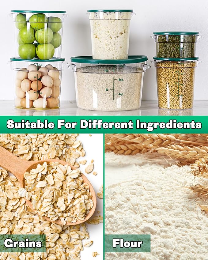 4QT NSF Round Food Storage Containers with Lids: 4 PCS [Total Food Grade][Hot&Cold Resistant] Dough Proofing Container for Pizza, Bread with Measuring Spoons Included(BPA FREE) (GREEN)