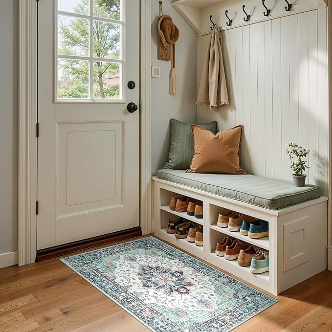 RELEANY Area Rugs 2'x4' Kitchen Rugs Entry Rug Small Rugs for Entryway Kitchen Bathroom Door Mat Indoor Entrance,Washable Non Slip, Green Navy Blue White Red Teal Colorful