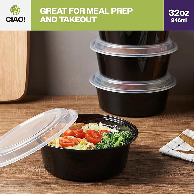 CIAO! Heavy Weight 32oz Injection Molded Microwavable Black Round Food Container with Lid (150/case)