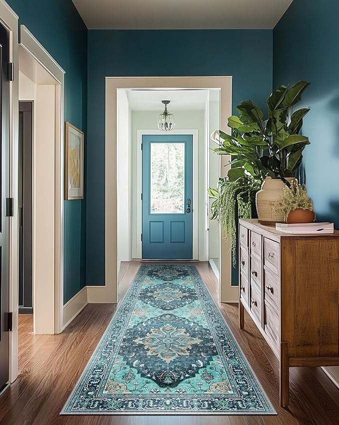 RELEANY Area Rugs 2'x8' Runner Rug Non Slip Washable for Kitchen Hallway Bedroom Beside Laundry Room Bathroom Rug, Floor Carpet, Teal Green Lake Blue Turquoise