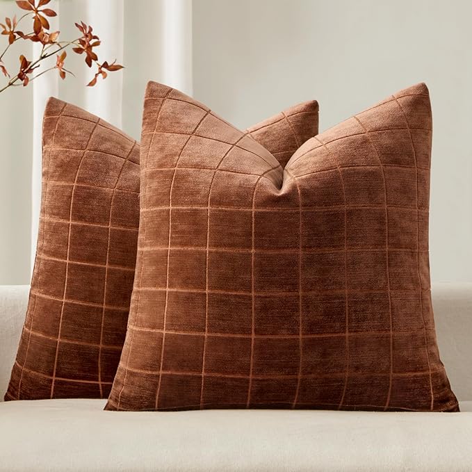 MIULEE Decorative Chenille Check Throw Pillow Covers Vintage Plaid Couch Pillows 18x18 Inch Set of 2 Neutral Boho Farmhouse Cushion Covers Modern Home Decor for Sofa Bed Living Room Burnt Orange