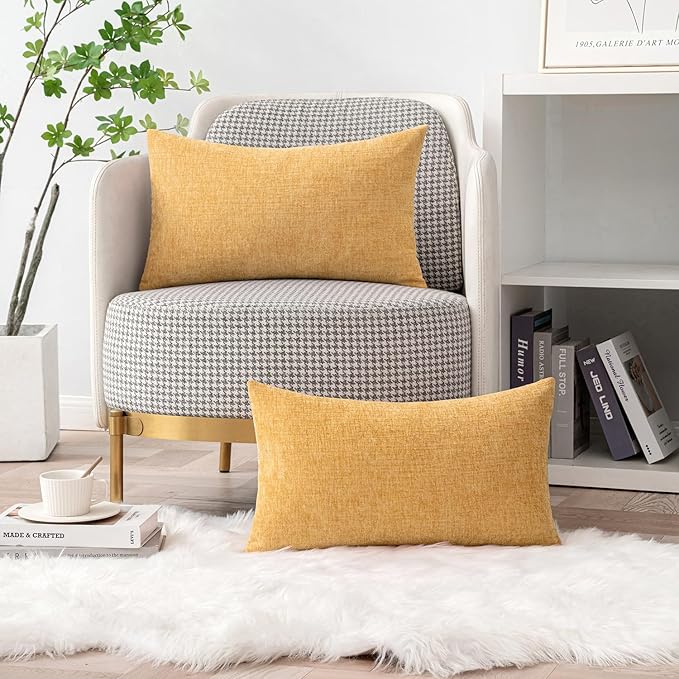 MIULEE Pack of 2 Couch Throw Pillow Covers 12x20 Inch Soft Beige Yellow Chenille Pillow Covers for Sofa Living Room Spring Home Decor Couch Solid Dyed Cases
