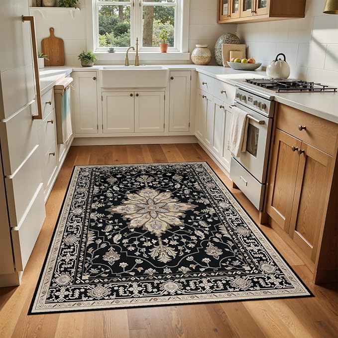 RELEANY Area Rugs 4'x6' Washable Non-Slip, Floral Vintage Distress Print Pattern Medallion Carpet for Living Room Bedroom Dining Room, Black Brown Neutral Dark Tan