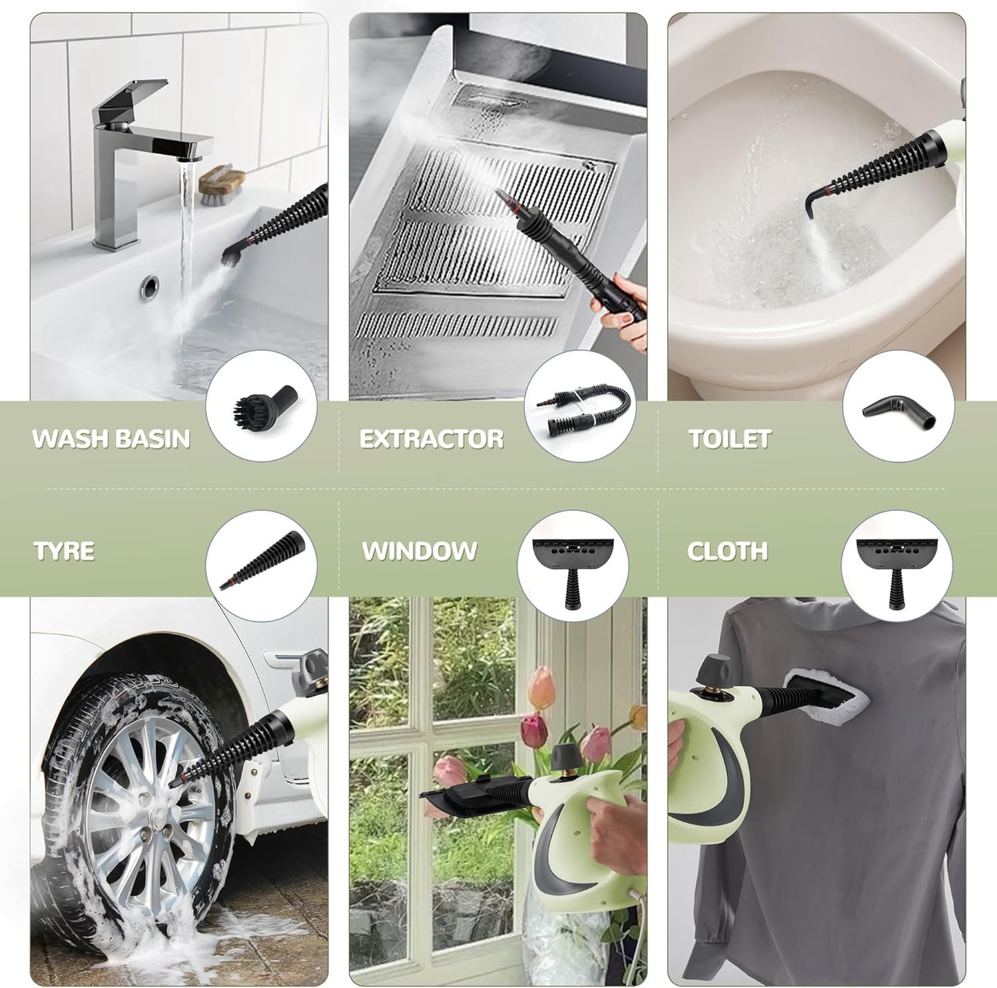 Spurgehom Handheld Steam Cleaner, Portable Steamer with Large Capacity,11-Piece Accessory Set for Floor, Car, Carpet, Upholstery, Couch, Tile, Windows Cleaning (Green)