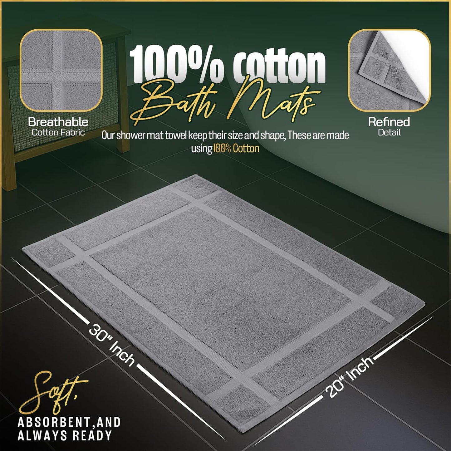 Pearl Linens Pack of 6 100% Cotton Bath Mat 20x30 inches, Soft & Absorbent Quick Dry Bathroom Mat Set, Not Bathroom Rugs, After Shower Mat, Bath Tub Mat, 687 GSM, Machine Washable, Light Gray