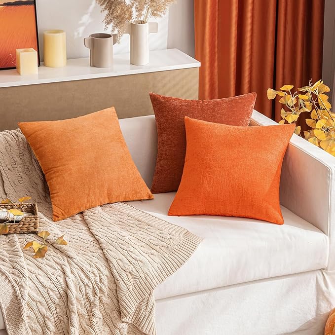 MIULEE Pack of 2 Orange Throw Pillow Covers 16x16 Inch Soft Chenille Pillow Covers for Sofa Living Room Couch Solid Dyed Cases