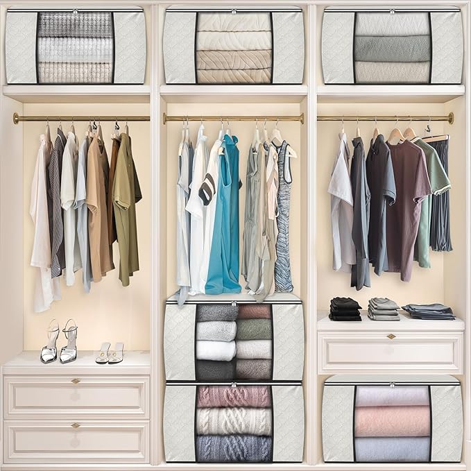 Fab totes 24 Gallons Clothes Storage, Foldable Thick Fabric Blanket Storage Bags, Containers for Organizing Bedroom, Closet, Clothing, Comforter, Organization with Handle (10 Pack,Ivory)