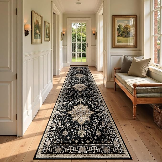 RELEANY Area Rugs 2'x9' Runner Rug Non Slip Washable for Kitchen Hallway Bedroom Beside Laundry Room Bathroom Rug, Floor Carpet, Black Brown Neutral Dark Tan