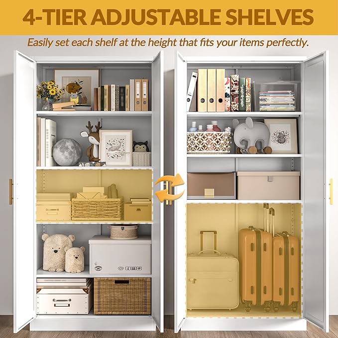 Kitchen Pantry Cabinet,71” Metal Tall Pantry Storage Cabinet with Doors and 4 Adjustable Shelves,Kitchen Storage Cabinets White Freestanding Food Cabinet for Pantries, Kitchen, Livingroom, Dining Room