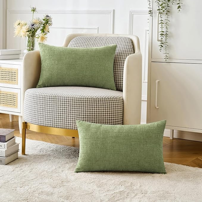 MIULEE Pack of 2 Couch Throw Pillow Covers 12x20 Inch Spring Soft Sage Green Chenille Pillow Covers for Sofa Living Room Solid Dyed Pillow Cases