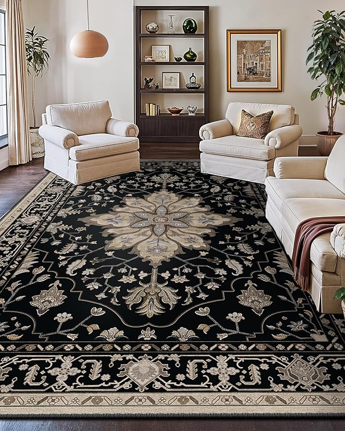 RELEANY Area Rugs 9'x12' Washable Non-Slip, Floral Vintage Distress Print Pattern Medallion Carpet for Living Room Bedroom Dining Room, Black Brown Neutral Dark Tan