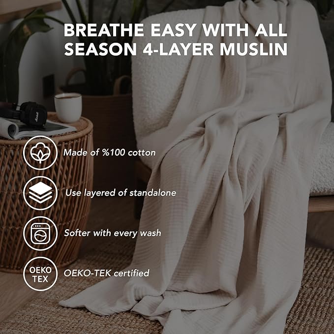 Goqan Muslin Blanket Queen 79x90 – 100% Turkish Cotton 4 Layer Boho Muslin Blanket for Adults, Four Season, Lightweight and Thin, Soft, Breathable for Bed, Couch - Beige