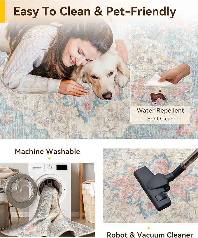 RELEANY Area Rugs 6'x9' Washable Non-Slip, Floral Vintage Distress Print Pattern Medallion Carpet for Living Room Bedroom Dining Room, Blue Orange Red