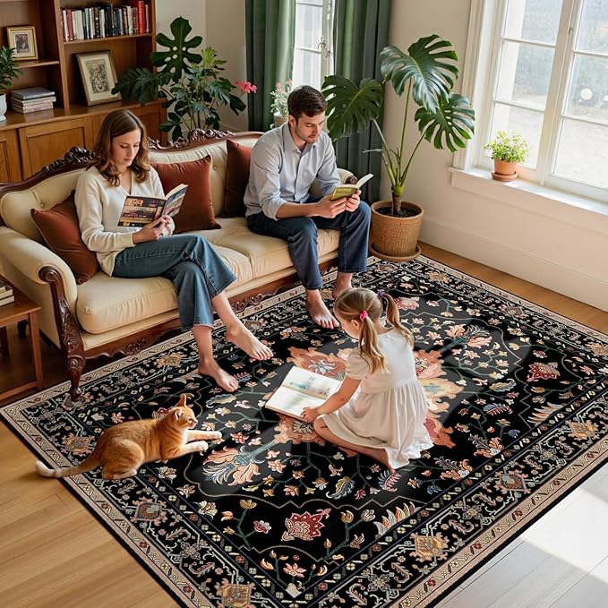 RELEANY Area Rugs 6'x9' Washable Non-Slip, Floral Vintage Distress Print Pattern Medallion Carpet for Living Room Bedroom Dining Room, Black Colorful Floral Dark Tan