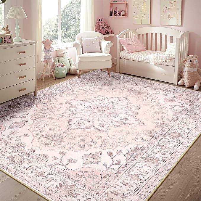 RELEANY Area Rugs 6'x9' Washable Non-Slip, Floral Vintage Distress Print Pattern Medallion Carpet for Living Room Bedroom Dining Room, Pink Greypink Cute