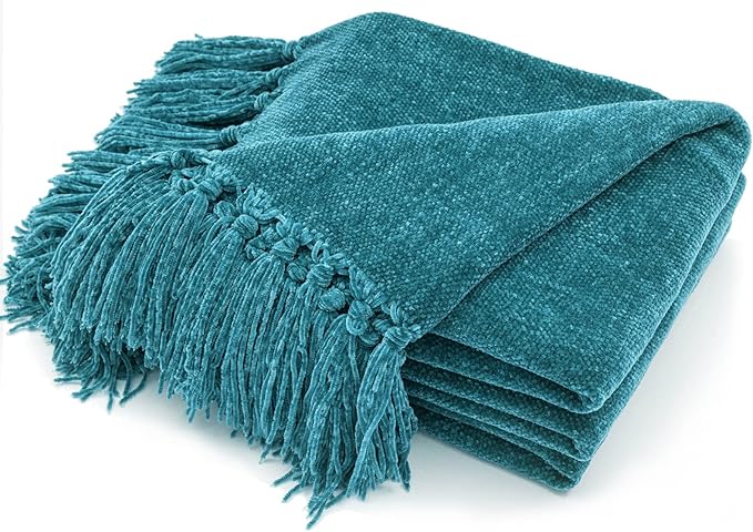 RECYCO Throw Blanket Soft Cozy Chenille Throw Blanket with Fringe Tassel for Couch Sofa Chair Bed Living Room (Teal, 60'' x 80'')