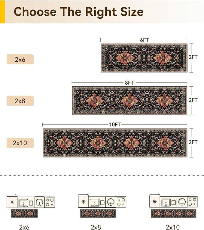 RELEANY Area Rugs 2'x8' Runner Rug Non Slip Washable for Kitchen Hallway Bedroom Beside Laundry Room Bathroom Rug, Floor Carpet, Black Colorful Floral Dark Tan