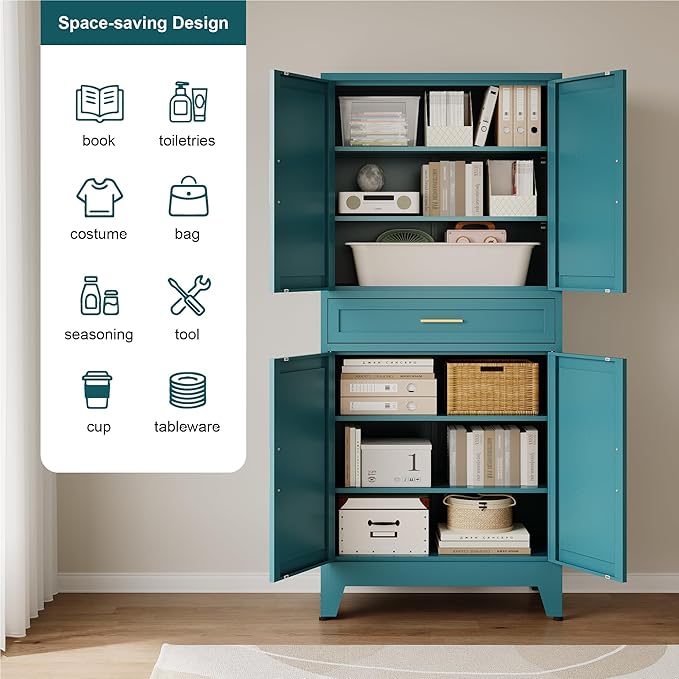 71" Pantry Cabinet in Blue, with 4 Doors & Center Drawer,Max Organization Storage Cabinet with Adjustable Shelves, Freestanding Farmhouse Storage Cupboard for Spacious Kitchen, Dining Room