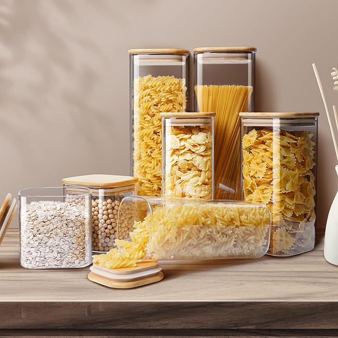 Square Glass Jars with Bamboo Lids 17 FL OZ [Set of 12], Glass Canisters with Airtight Lids, Glass Food Storage Containers for Spice, Sugar, Tea, Candies, Cookies, Best for Kitchen & Pantry