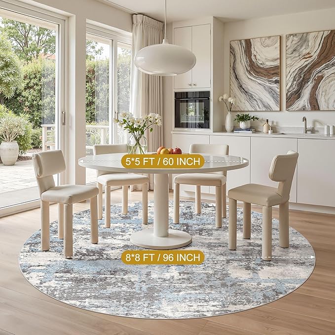 8ft Round Area Rugs for Living Room: 8x8 Abstract Washable Rug Modern Large Soft Stain Resistant Non-Slip Backing Machine Table for Bedroom Dining Room Indoor Home Office Carpet - Blue Grey