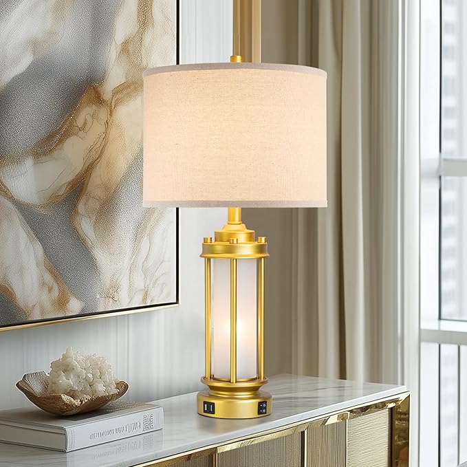 AIEAMPDO Set of 2 Modern Table Lamps for Living Room, Farmhouse Vintage Bedside Lamp with 2 USB Ports Glass Nightlight, Gold Nightstand Desk Lamps for Entryway Bedroom Dresser, 4 Bulbs Included