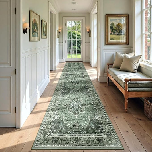 RELEANY Area Rugs 2'6''x12' Runner Rug Non Slip Washable for Kitchen Hallway Bedroom Beside Laundry Room Bathroom Rug, Floor Carpet, Dark Green Gray