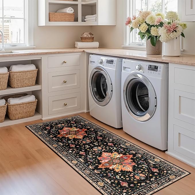 RELEANY Area Rugs 2'x6' Runner Rug Non Slip Washable for Kitchen Hallway Bedroom Beside Laundry Room Bathroom Rug, Floor Carpet, Black Colorful Floral Dark Tan