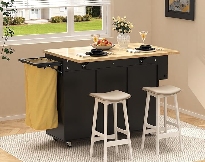 Kitchen Island with Drop Leaf, Rolling Kitchen Island on Wheels, Kitchen Island Cart with Removable Trash Bag, Drawer, Spice Rack, Mobile Island Table with Storage Cabinet, Black