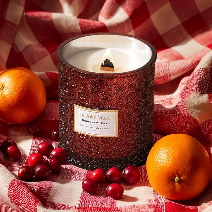 LA JOLIE MUSE Ruby Berry Bliss Scented Candle | Mandarin, Cranberry & Plum | 19 oz Natural Soy Candle | Wooden Wick | 90-Hour Clean Burn | Valentines Gifts for Her | Cozy Home Decor