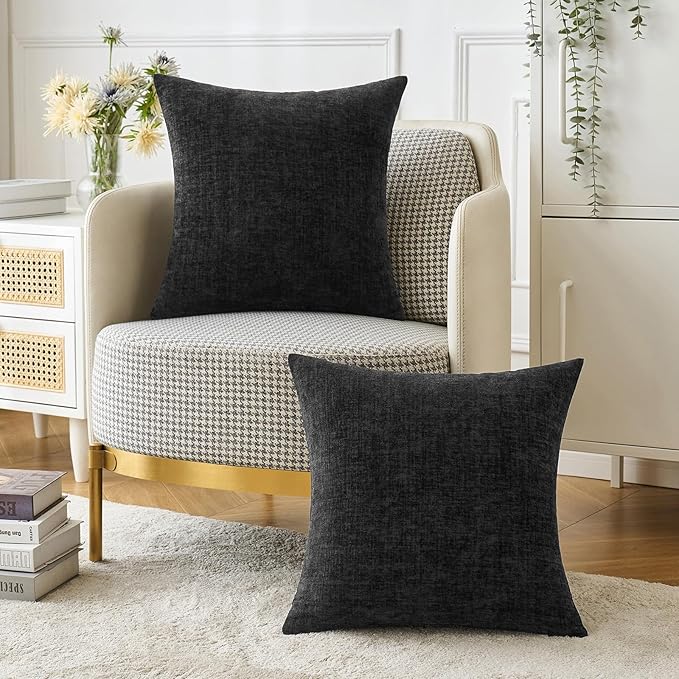 MIULEE Halloween Pack of 2 Couch Throw Pillow Covers 20x20 Inch Soft Black Chenille Pillow Covers for Sofa Living Room Solid Dyed Pillow Cases