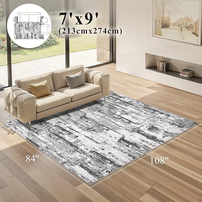 Area Rugs for Living Room: 7x9 Abstract Washable Rug Modern Neutral Large Soft Stain Resistant Non-Slip Backing Machine Table for Bedroom Dining Room Indoor Home Office Carpet - Black Grey