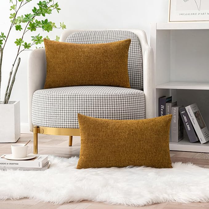MIULEE Pack of 2 Couch Throw Pillow Covers 12x20 Inch Soft Mustard Chenille Pillow Covers for Sofa Living Room Solid Dyed Pillow Cases
