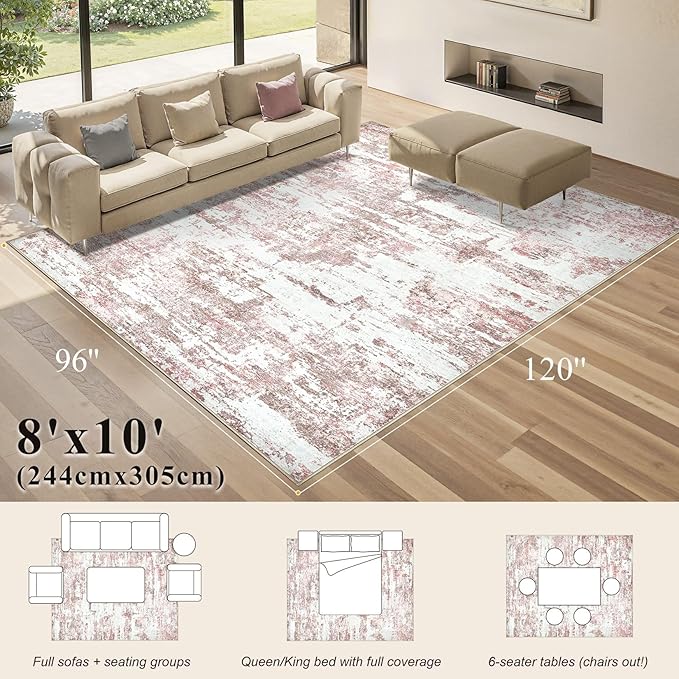 Area Rugs for Living Room: 8x10 Abstract Washable Rug Modern Neutral Large Soft Stain Resistant Non-Slip Backing Machine Table for Bedroom Dining Room Indoor Home Office Carpet - Pink