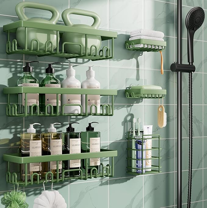 Veken Rustproof & Waterproof Shower Caddy 6-Pack, No Drilling Adhesive Shelves Rack with Soap Holder, Large Capacity Bathroom Organizers and Storage, Wall-Mounted Kitchen & Home Decor, Green