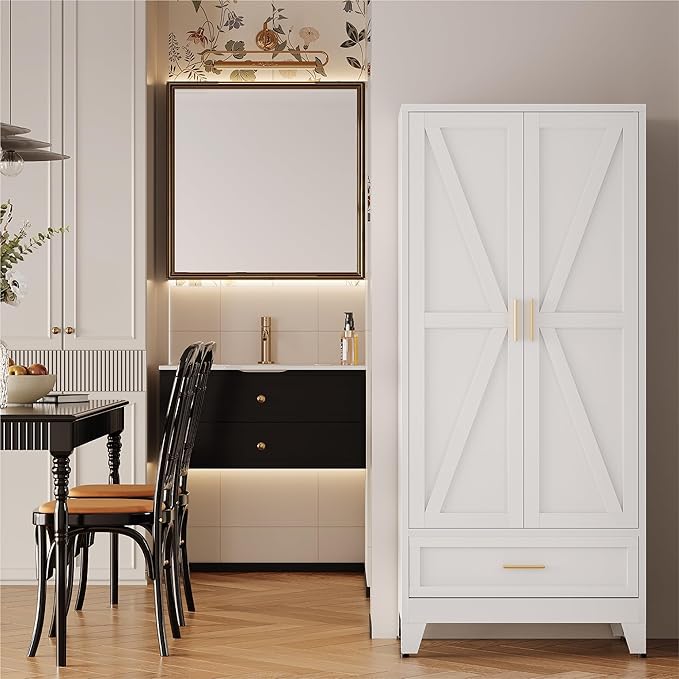 71" Storage Cabinet with Bottom Drawer, Pantry Cabinet in White with 2 Doors & 4 Adjustable Shelves, Freestanding Steel Cupboard for Garage, Home Office, Kitchen, Heavy-Duty Storage