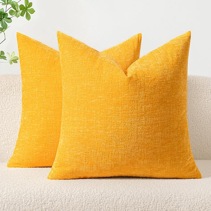 MIULEE Pack of 2 Couch Throw Pillow Covers 18x18 Inch Soft Goose Yellow Chenille Pillow Covers for Sofa Living Room Spring Home Decor Couch Solid Dyed Cases