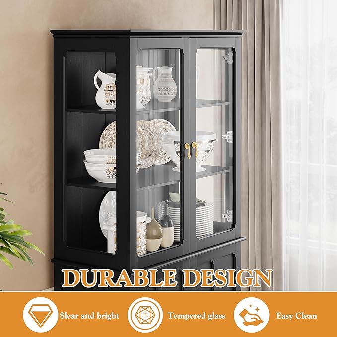 72" Tall Kitchen Pantry Cabinet with Glass Door and Adjustable Shelves, Vintage Food Storage Cabinet for Kitchen, Dining Room, Living Room, Black