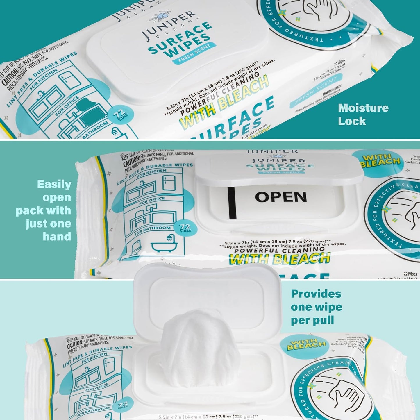 3 Pack Surface Cleaning Wipes with Bleach, All-Purpose Cleaner for Bathroom, Kitchen, Office, 216 Count Soft Flow, Fresh Scent, Lint Free & Durable